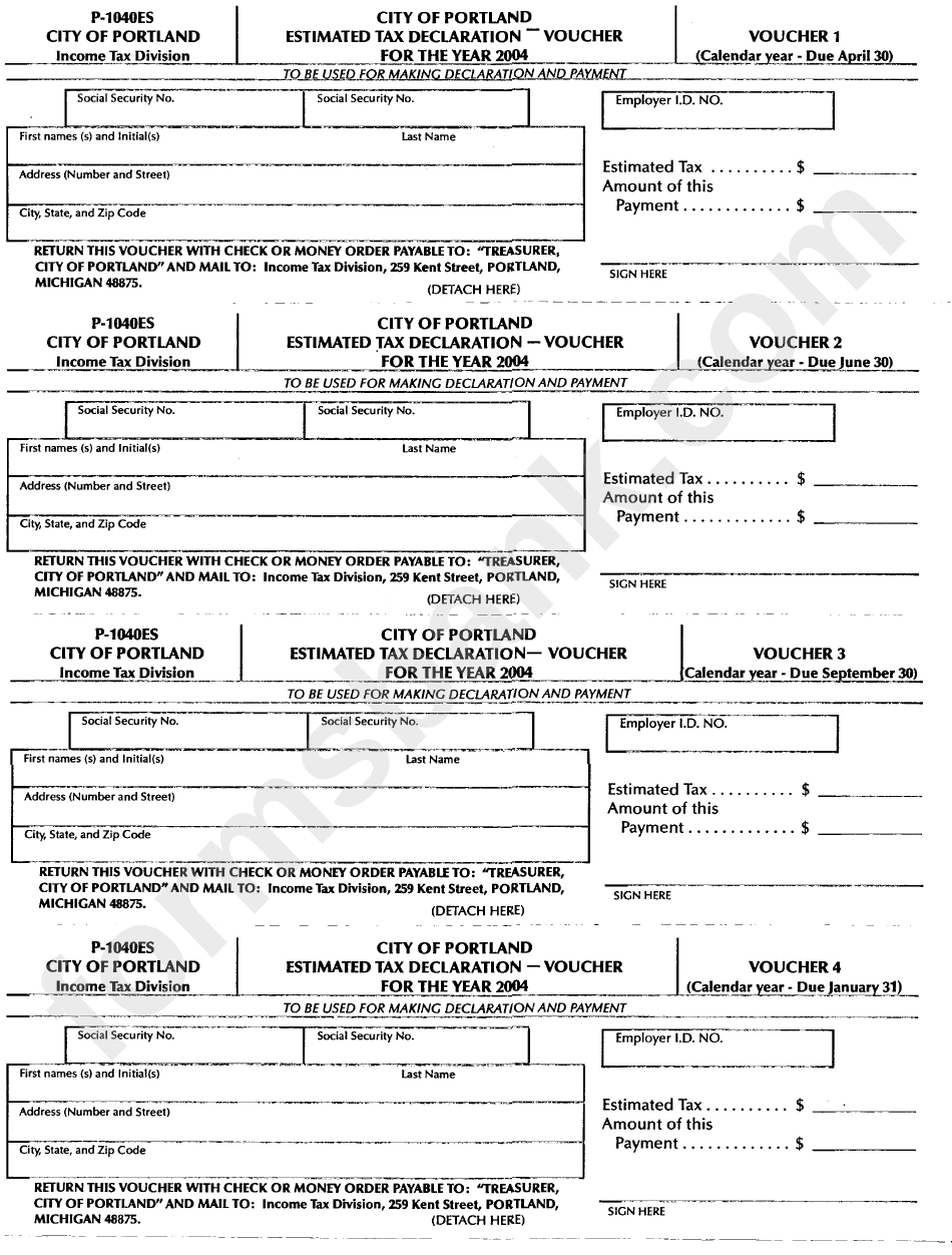 Form P-1040es - City Of Portland Estimated Tax Declaration Voucher - 2004