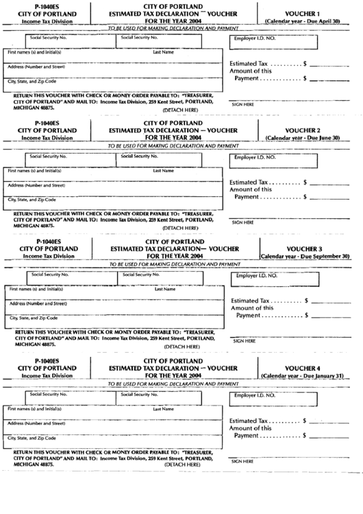 Form P-1040es - City Of Portland Estimated Tax Declaration Voucher - 2004 Printable pdf