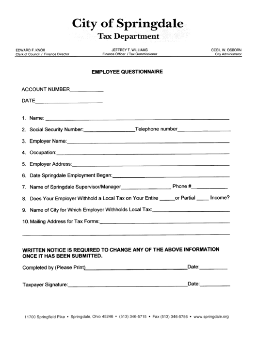 Employee Questionnaire - City Of Springdale Tax Departament Printable pdf