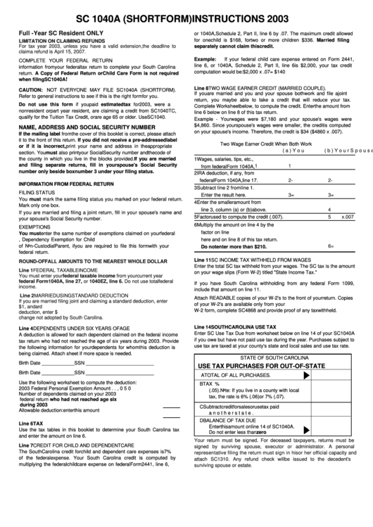 Sc 1040a (Short Form) Instructions - Individual Income Tax - 2003 ...