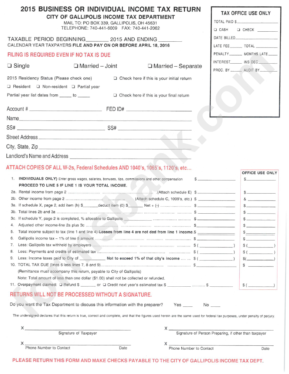 Business Or Individual Income Tax Return - City Of Gallipolis, 2015