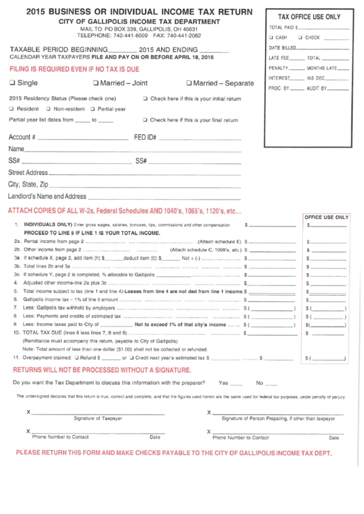 Business Or Individual Income Tax Return - City Of Gallipolis, 2015 Printable pdf