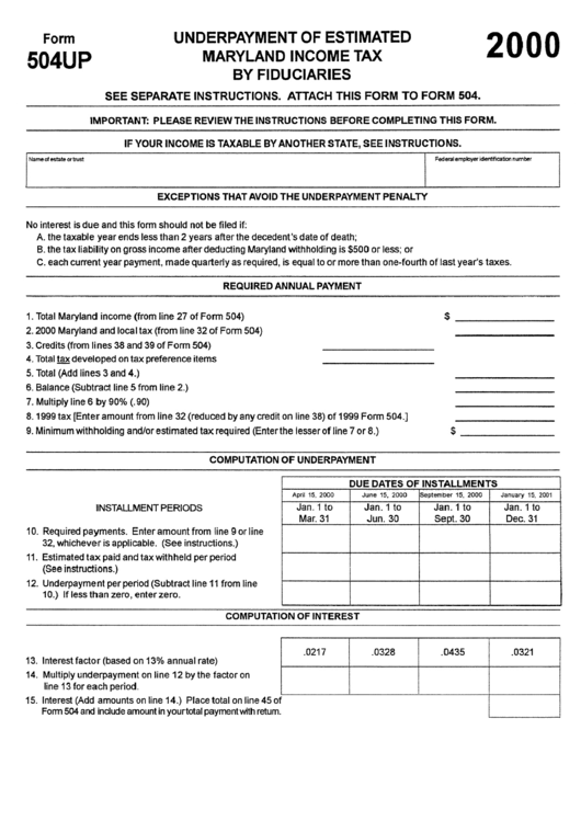 Form 504up - Underpayment Of Estimated Income Tax By Fiduciaries - 2000 Printable pdf