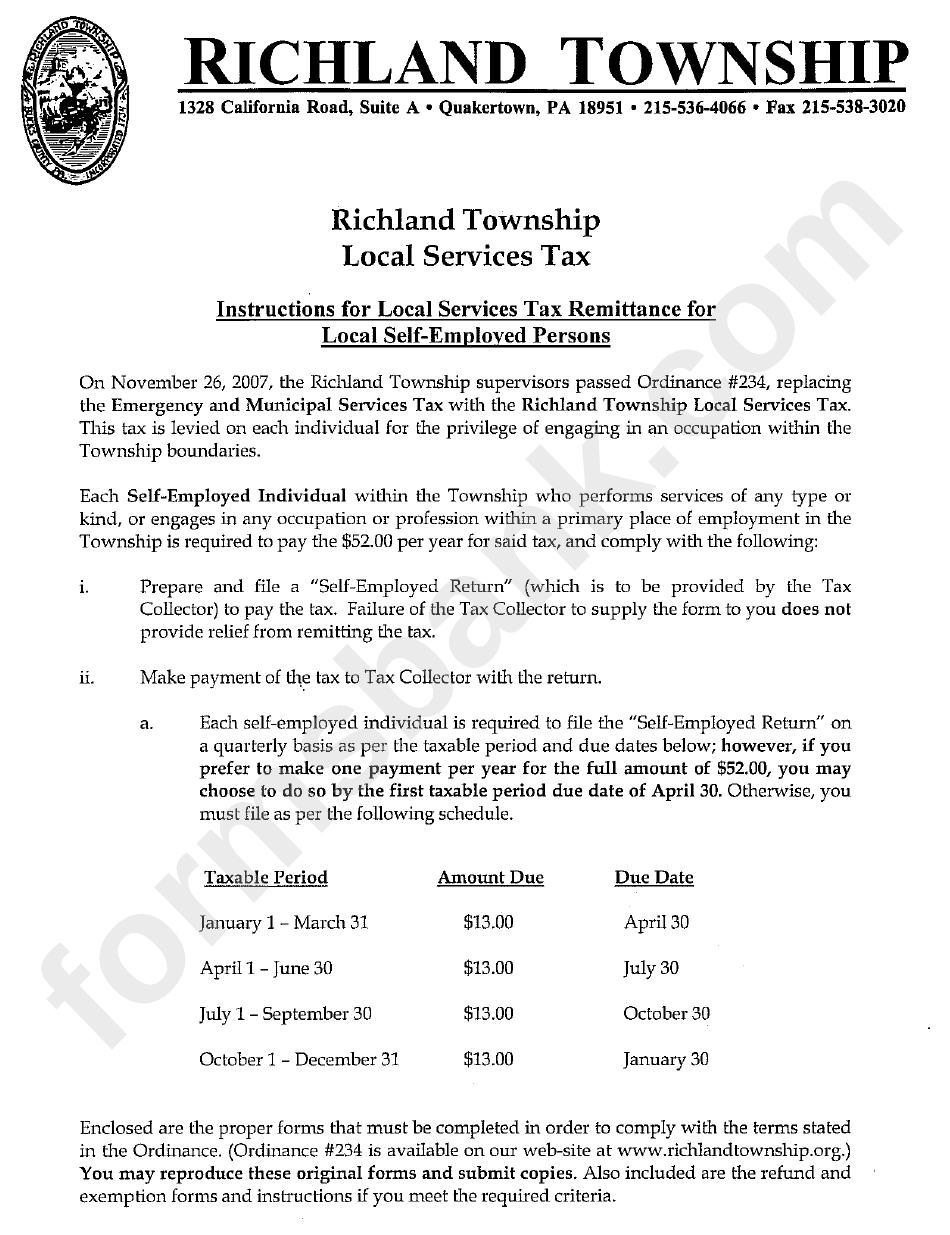 Instructions For Local Services Tax Remittance For Local Self-Employed Persons - Richland Township Local Services Tax
