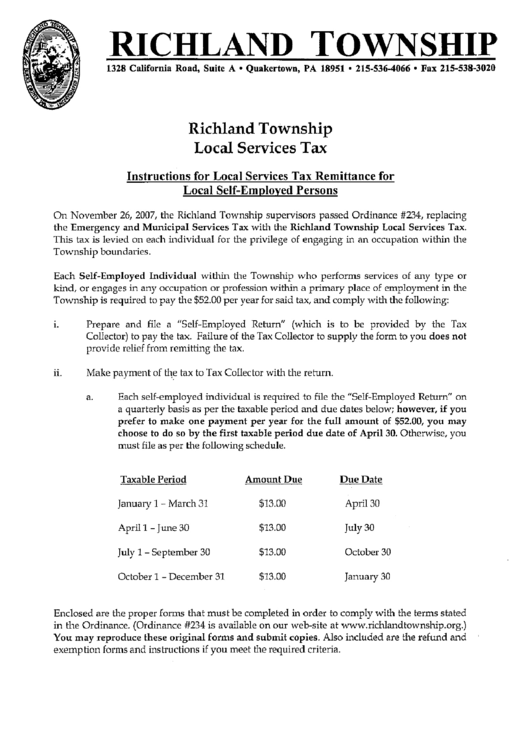 Instructions For Local Services Tax Remittance For Local Self-Employed Persons - Richland Township Local Services Tax Printable pdf