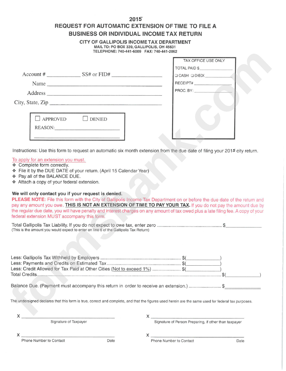 Request For Automatic Extension Of Time To File A Business Or Individual Income Tax Return - City Of Gallipolis, 2015