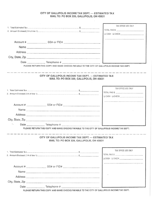 Estimated Tax Form - City Of Gallipolis Printable pdf