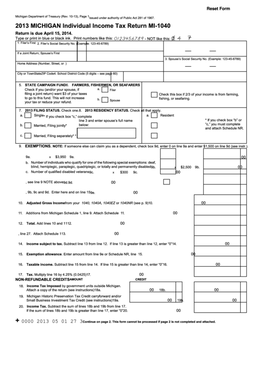 Fillable Form Mi-1040 - Michigan Individual Income Tax Return - 2013 Printable pdf
