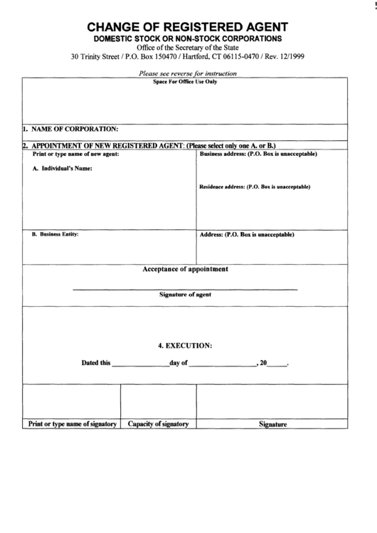 Change Of Registered Agent - Domestic Stock Or Non-Stock Corporations Printable pdf