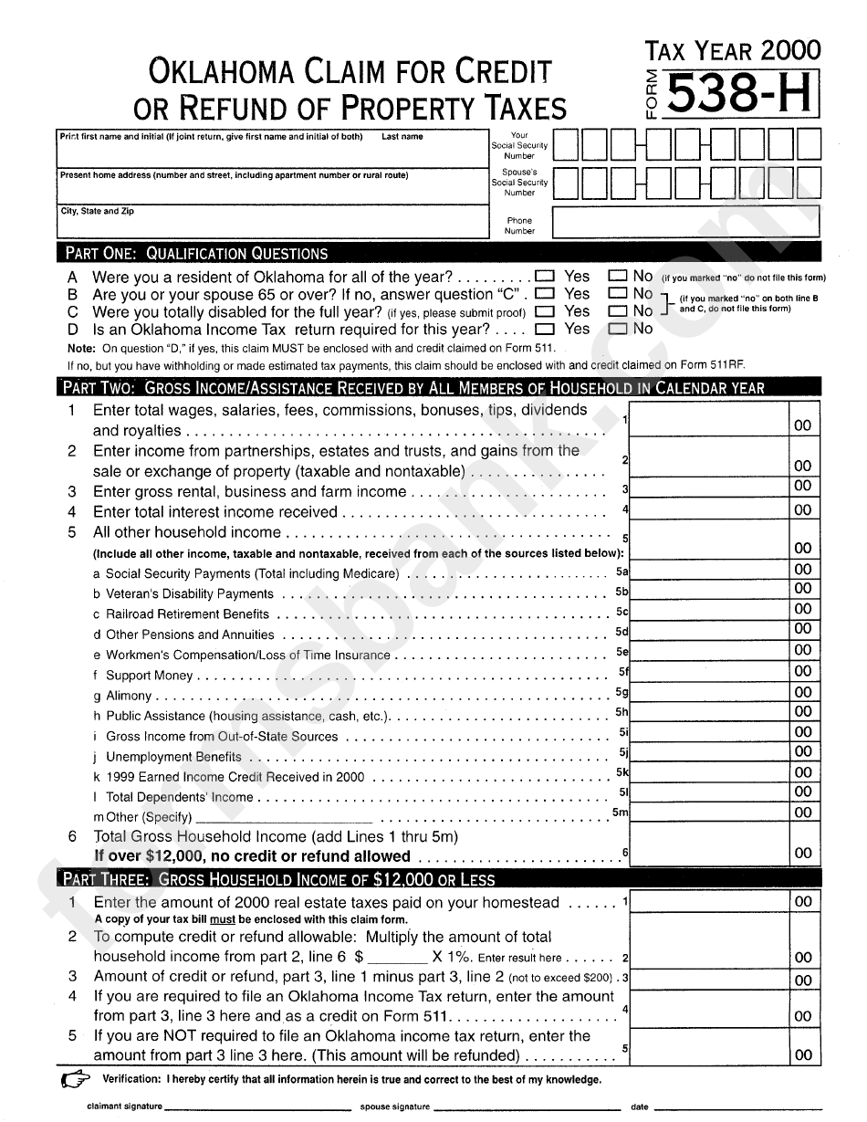 Form 538-H - Claim For Credit Or Refund Of Property Taxes