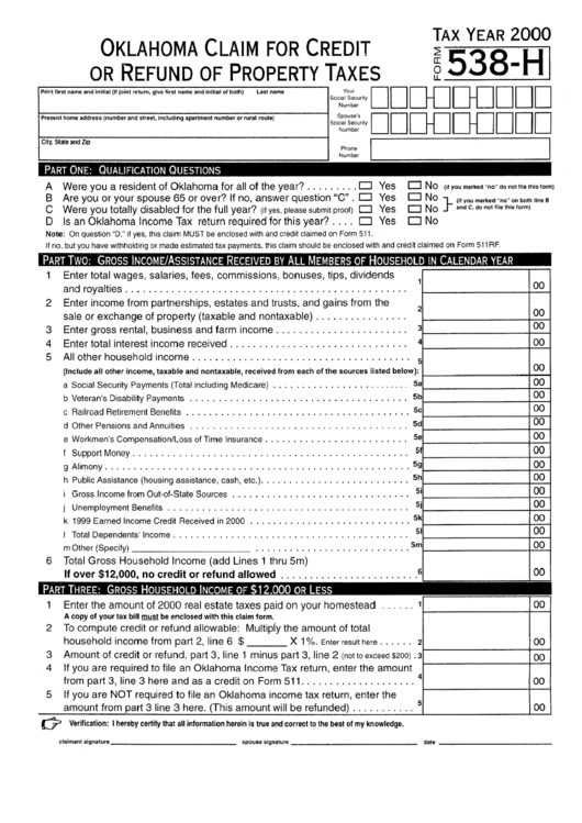 Form 538-H - Claim For Credit Or Refund Of Property Taxes Printable pdf