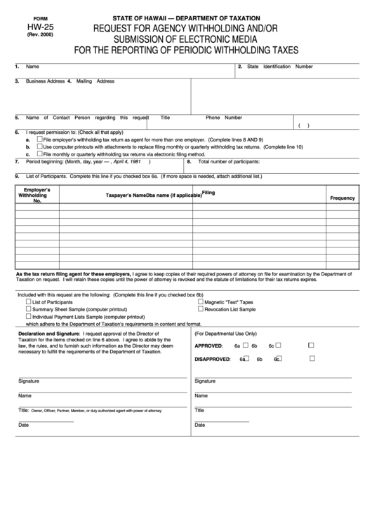 Form Hw-25 - Request For Agency Withholding And/or Submission Of Electronic Media For The Reporting Of Periodic Withholding Taxes Printable pdf