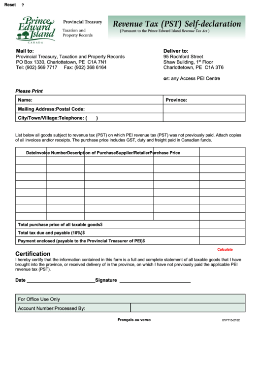 Revenue Tax (Pst) Self-Declaration - Prince Edward Island Provincial Treasury Printable pdf