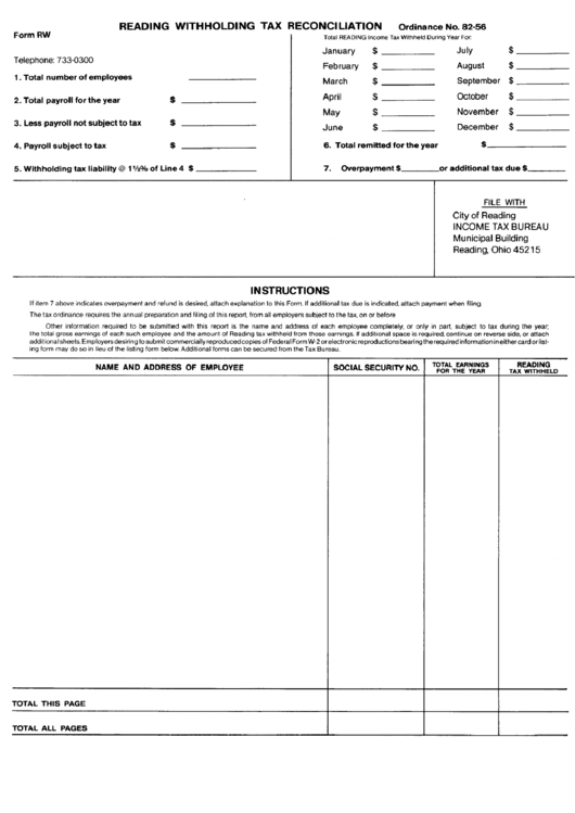Form Rw - Reading Withholding Tax Reconciliation Printable pdf