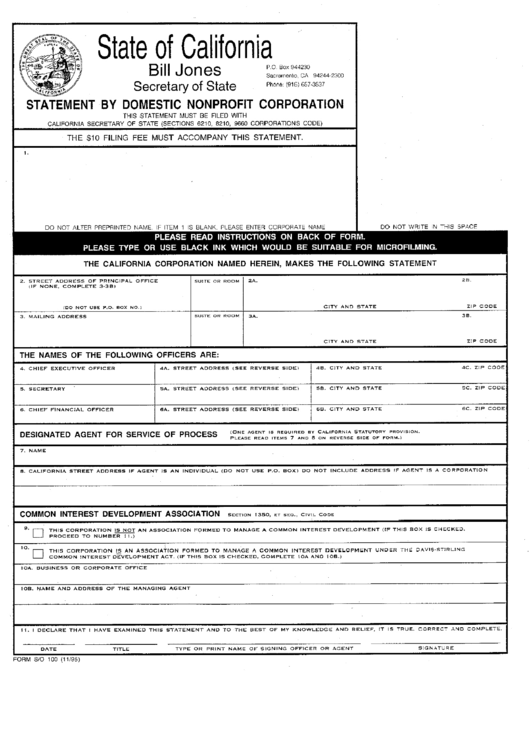 Form S/o 100 - Statement By Domestic Nonrpofit Corporation Printable pdf