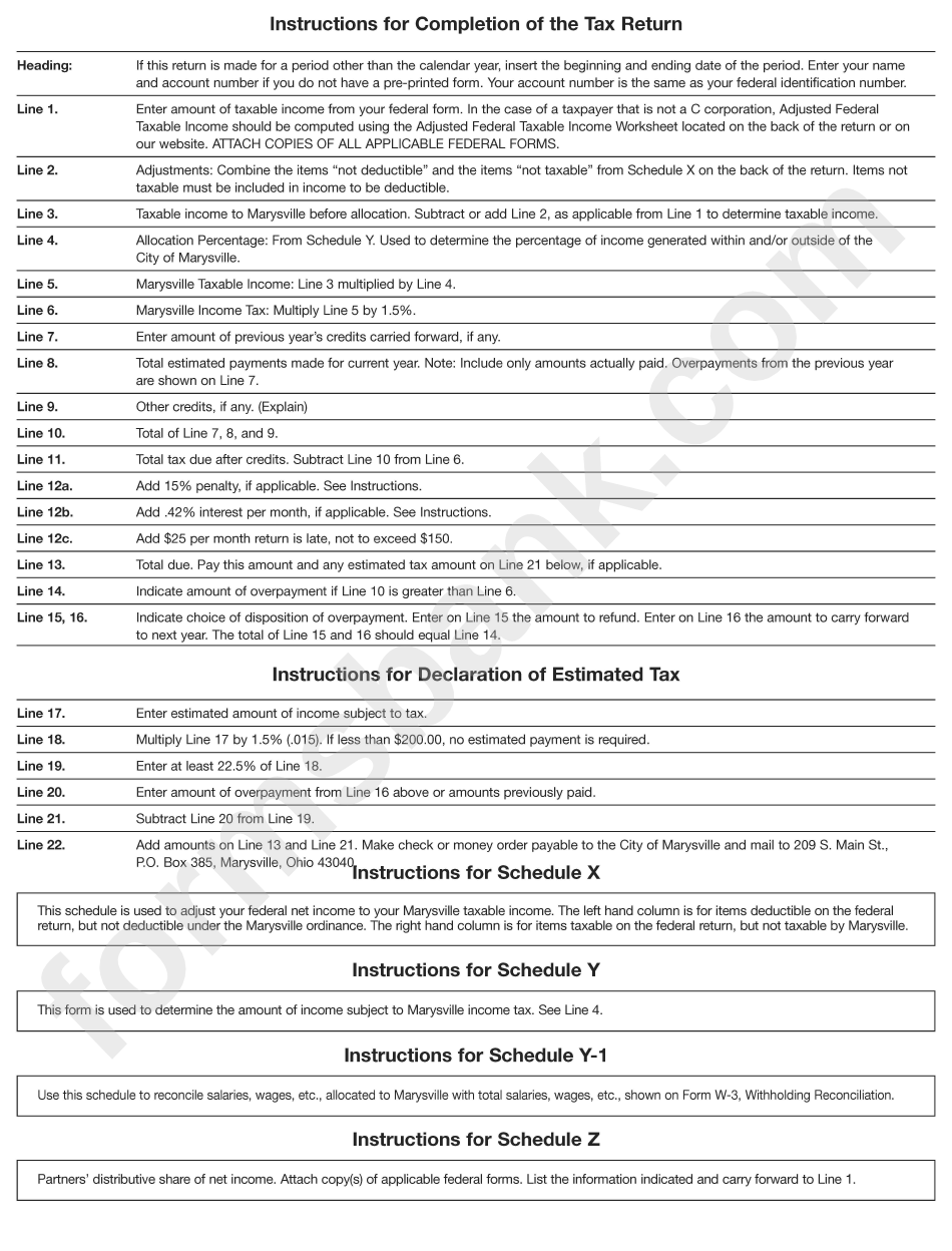 City Of Marysville Business Income Tax Return Instructions