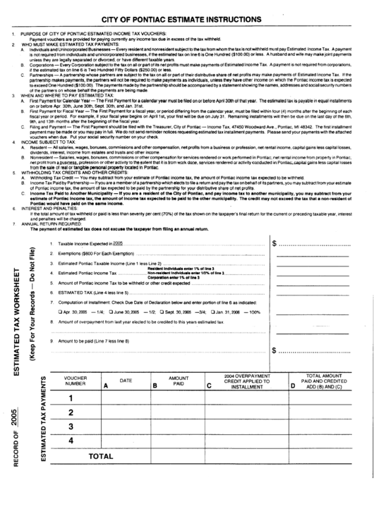 Estimated Tax Worksheet - City Of Pontiac - 2005 Printable pdf
