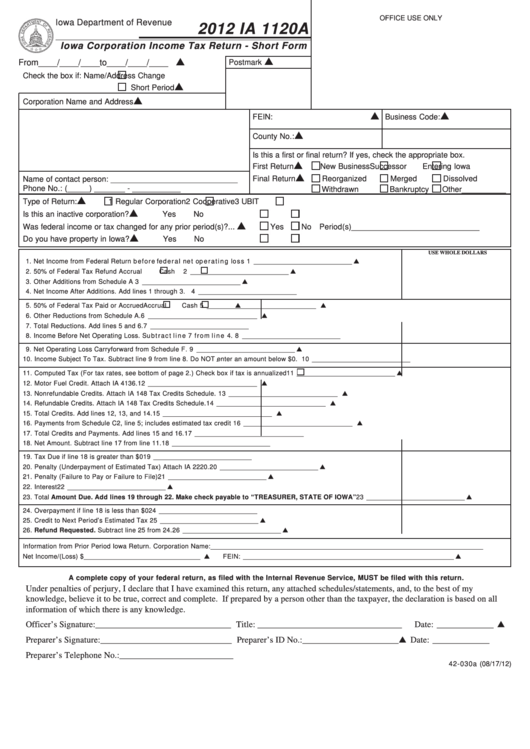 Form Ia 1120a - Iowa Corporation Income Tax Return - Short Form - 2012 Printable pdf