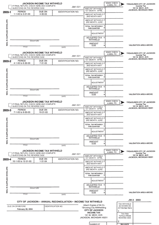 Form J941-501 - Jackson Income Tax Withheld - 2003 Printable pdf