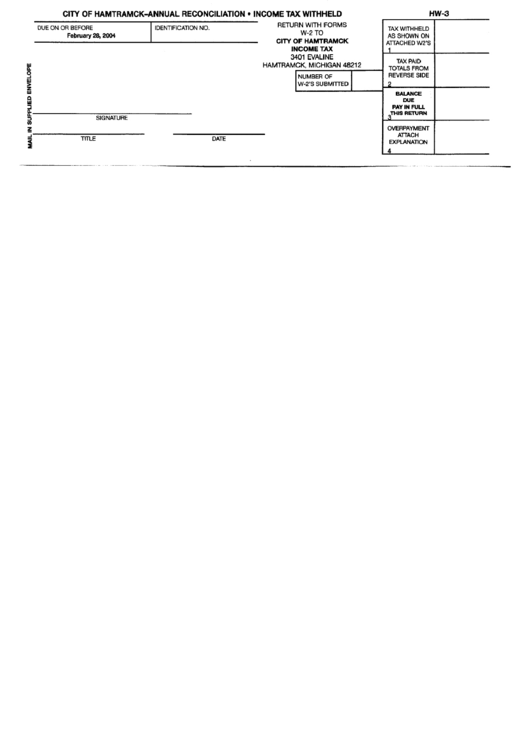 Form Hw-3 - City Of Hamttrtack Annual Reconciliation - 2004 Printable pdf