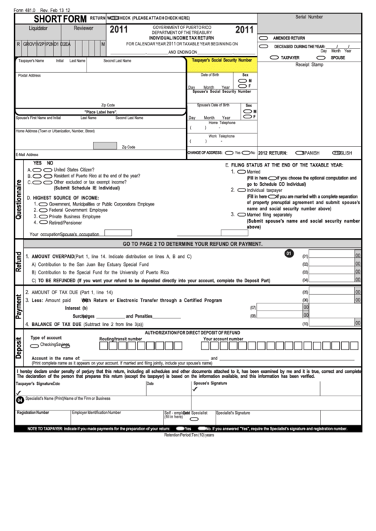 Form 481.0 - Individual Income Tax Return - 2011 Printable pdf