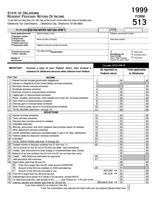 Form 513 - Resident Fiduciary Return Of Income (1999) - Tax Commission - Oklahoma Printable pdf