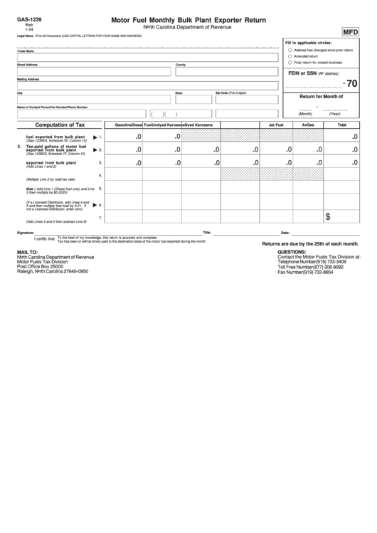 Form Gas-1239 - Motor Fuel Monthly Bulk Plant Exporter Return - 2004 Printable pdf