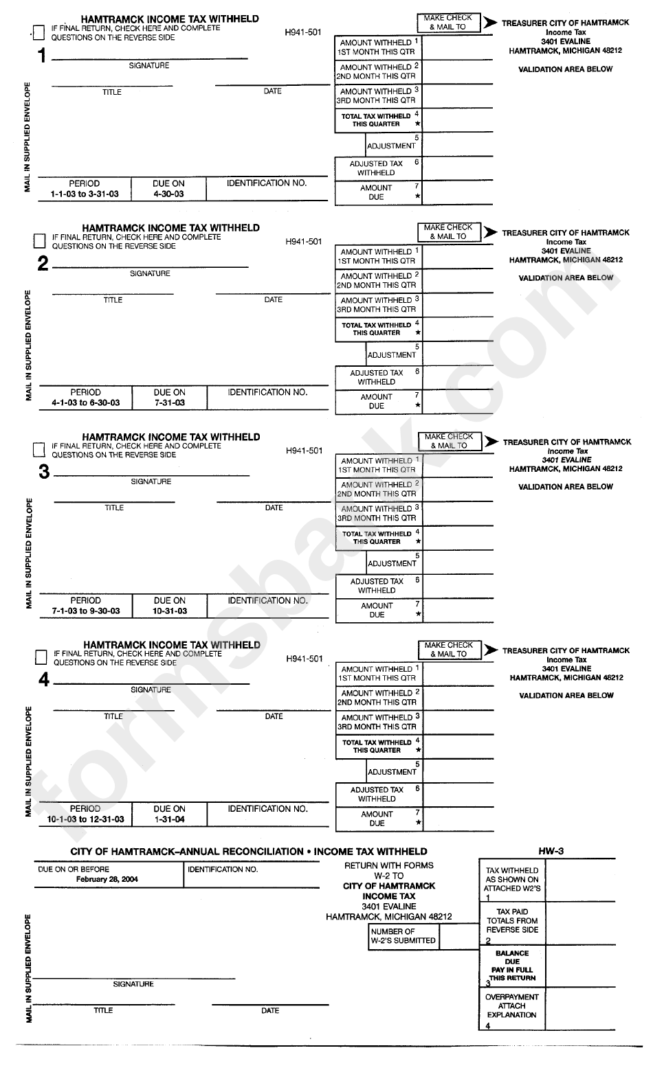 Form H941-501 - Hamtramck Income Tax Withheld - 2003