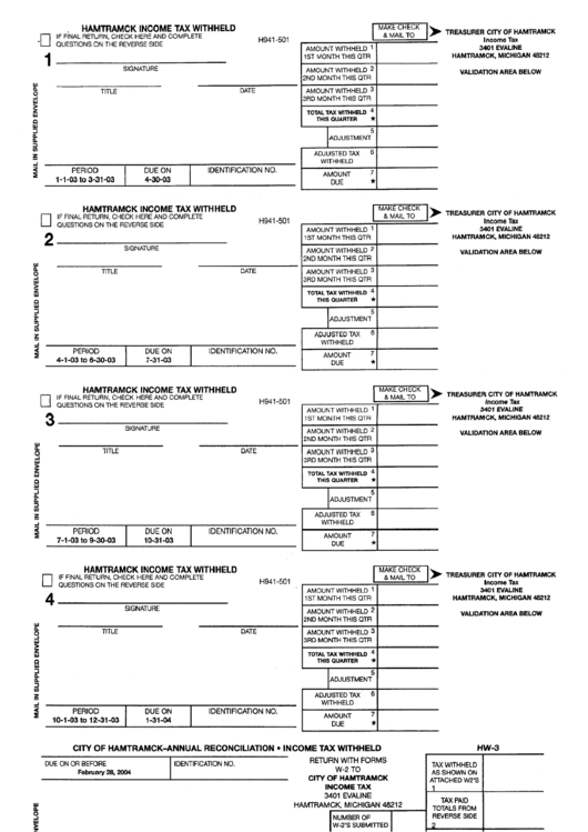 Form H941-501 - Hamtramck Income Tax Withheld - 2003 Printable pdf