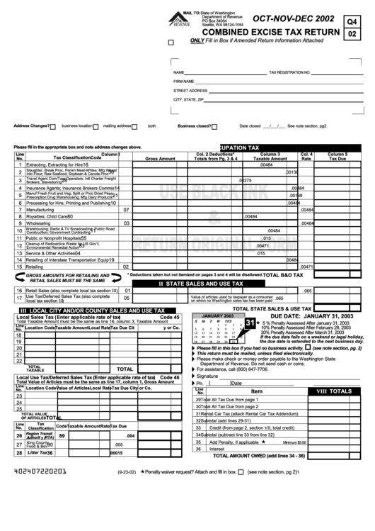 Fillable Combined Excise Tax Return Form - Oct-Nov-Dec 2002 Printable pdf
