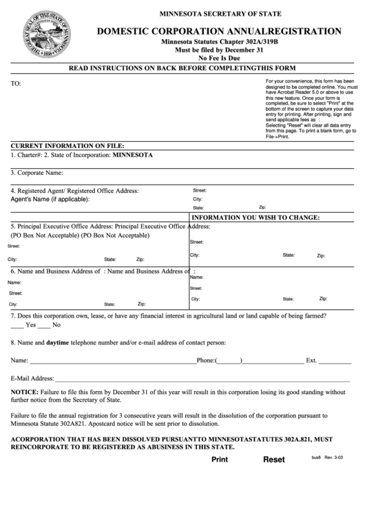 Fillable Form 302a/319b - Domestic Corporation Annual Registration - Minnesota Secretary Of State - 2003 Printable pdf