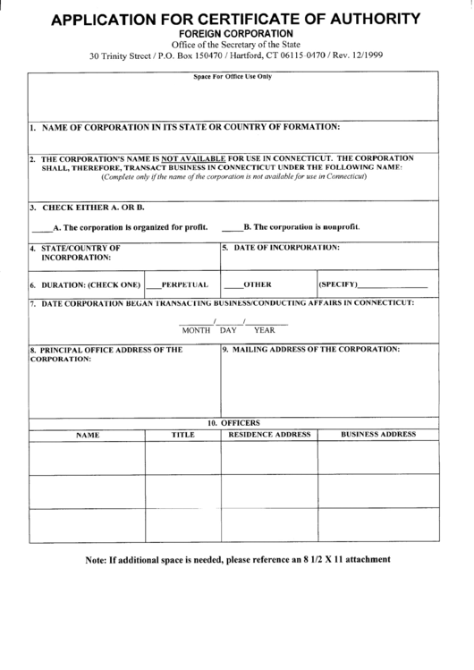 Application For Certificate Of Authority Foreign Corporation Printable pdf