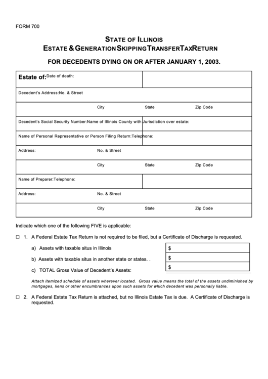 Form 700 - Estate & Generation Skipping Transfer Tax Return For Decedents Dying On Or After January 1, 2003 Printable pdf