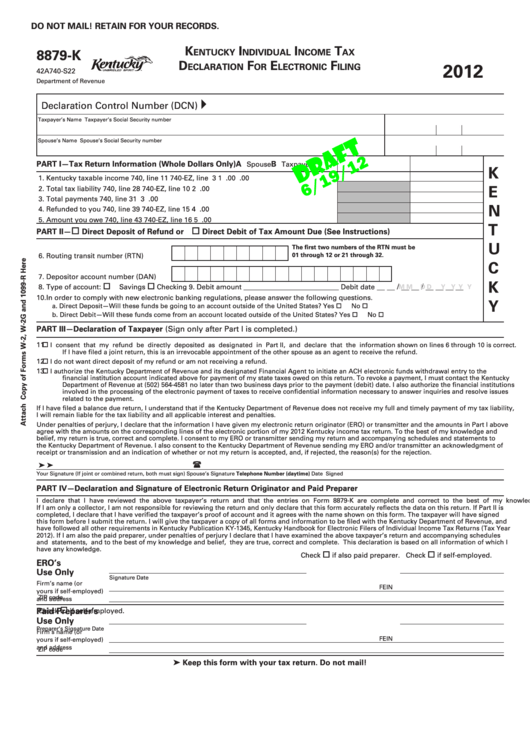 Form 8879-K Draft - Kentucky Individual Income Tax Declaration For Electronic Filing - 2012 Printable pdf