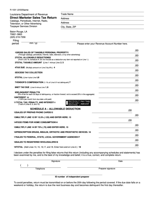 Fillable Form R-1031 - Direct Marketer Sales Tax Return - 2003 Printable pdf