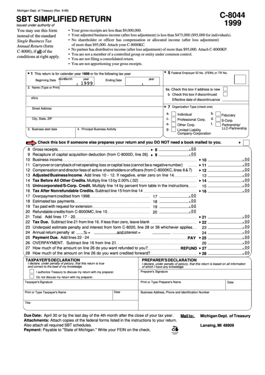 Form C-8044 - Sbt Simplified Return - 1999 Printable pdf