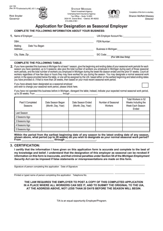 Fillable Form Uia 1155 - Application For Designation As Seasonal Employer Printable pdf