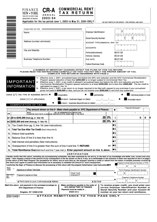 Form Cr-A - Commercial Rent Tax Return - 2003/04 printable pdf download