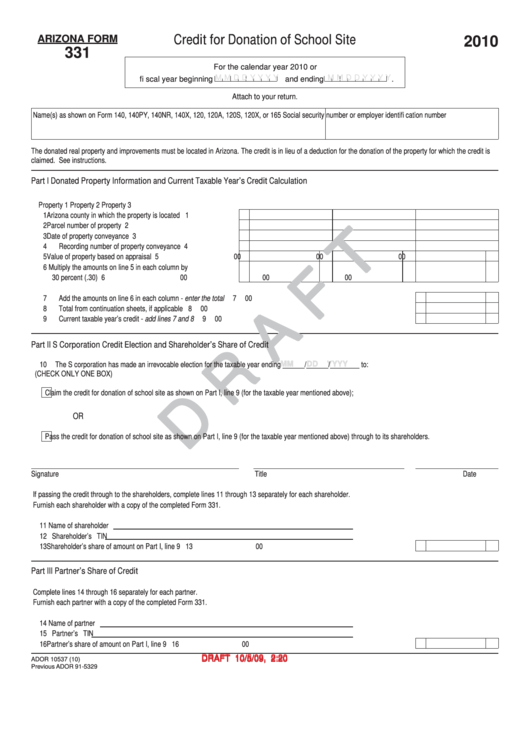 Arizona Form 331 Draft - Credit For Donation Of School Site - 2010 Printable pdf