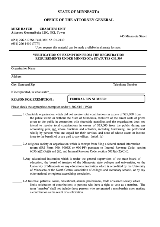 Fillable Verification Of Exemption From The Registration Requirements Under Minnesota Statutes Ch. 309 - Minnesota Office Of The Attorney General - 2000 Printable pdf