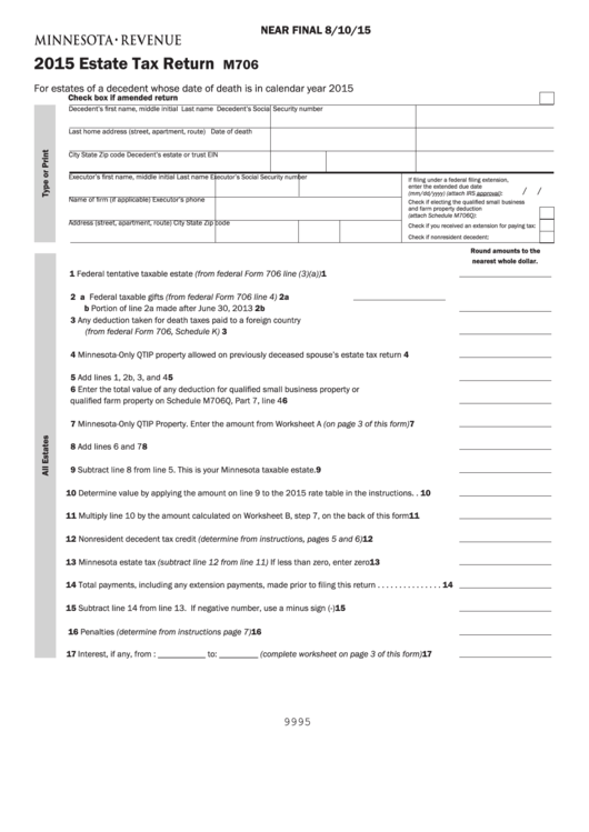 Form M706 - Estate Tax Return - 2015 Printable pdf