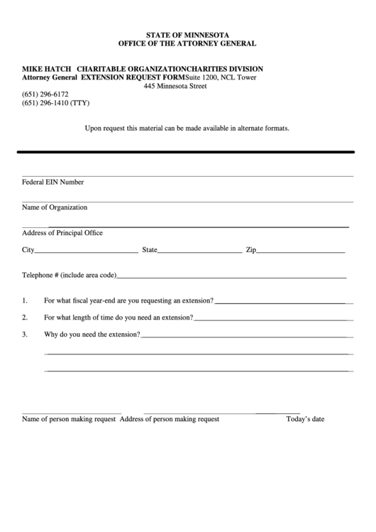 Charitable Organization Extension Request Form - Minnesota Office Of The Attorney General - 2001