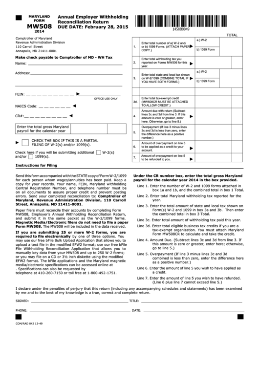 Fillable Form Mw508 - Annual Employer Withholding Reconciliation Return - 2014 Printable pdf
