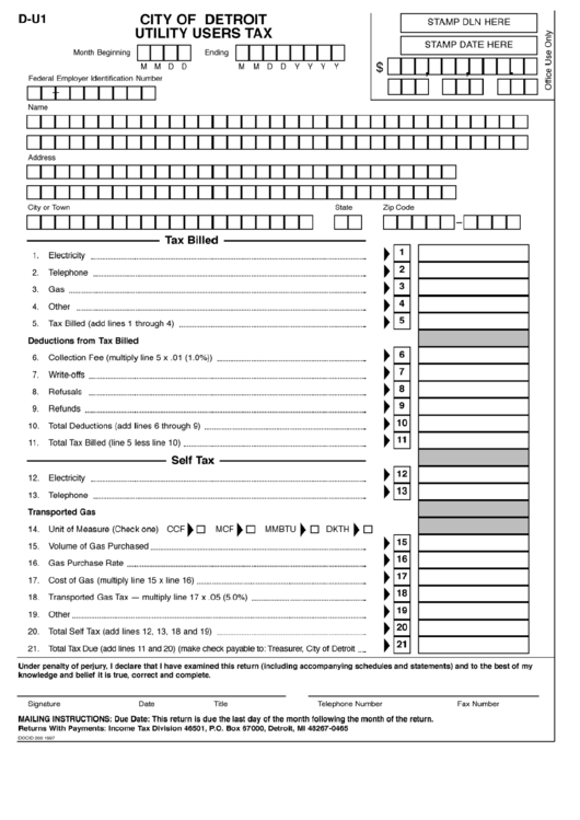 Form D-U1 - City Of Detroit Utility Users Tax- 1997 Printable pdf