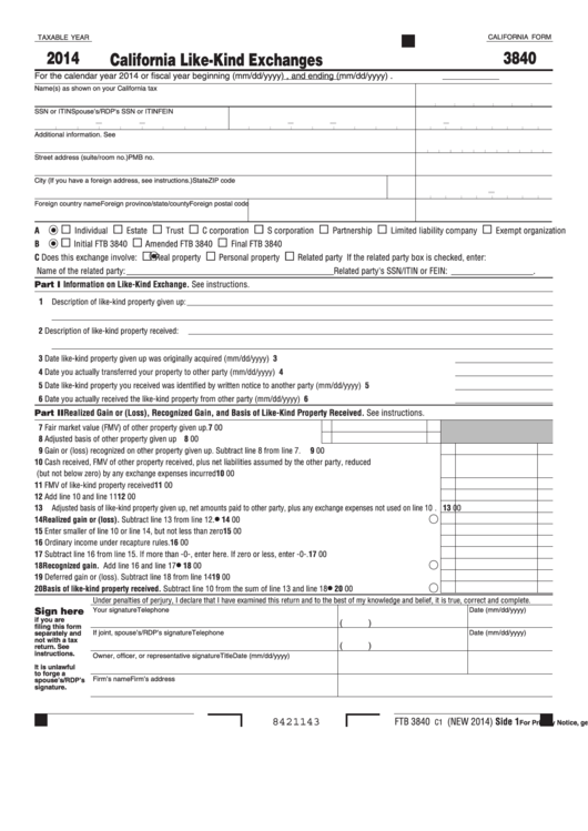 California Form 3840 - California Like-Kind Exchanges - 2014 Printable pdf
