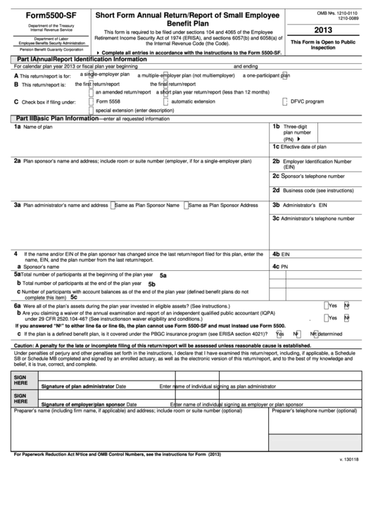 Form 5500-Sf - Short Form Annual Return/report Of Small Employee Benefit Plan - 2013 Printable pdf