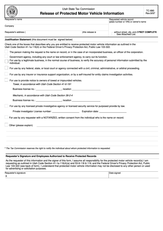 Fillable Form Tc-890 - Release Of Protected Motor Vehicle Information Printable pdf