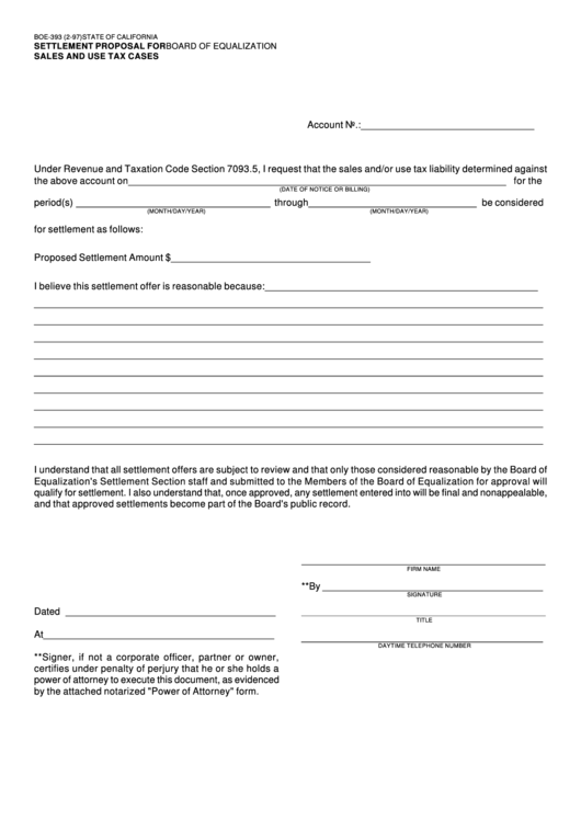 Fillable Form Boe-393 - Settlement Proposal For Sales And Use Tax Cases Printable pdf