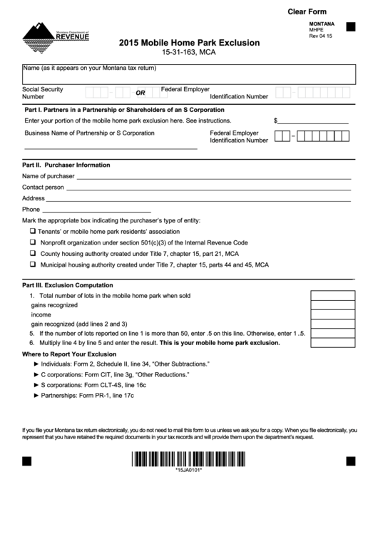 Fillable Montana Form Mhpe - Mobile Home Park Exclusion - 2015 Printable pdf