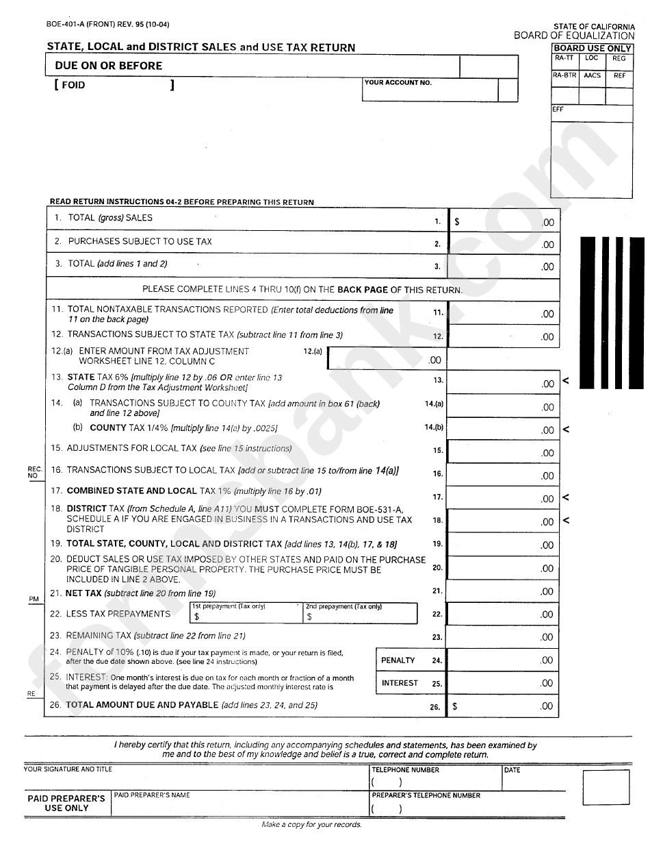 Form Boe-401-A - State, Local And District Sales And Use Tax Return - 2004